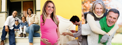 A young family sitting on porch, expecting parents painting a crib, and a retired couple